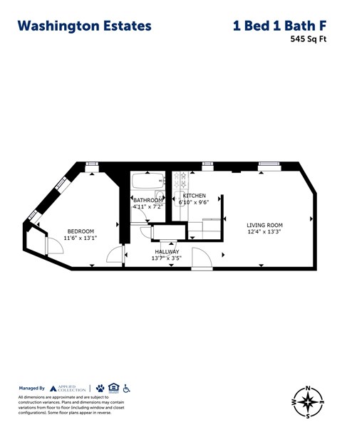 Floor plan for 1 bed, 1 bath, 545 sqft
